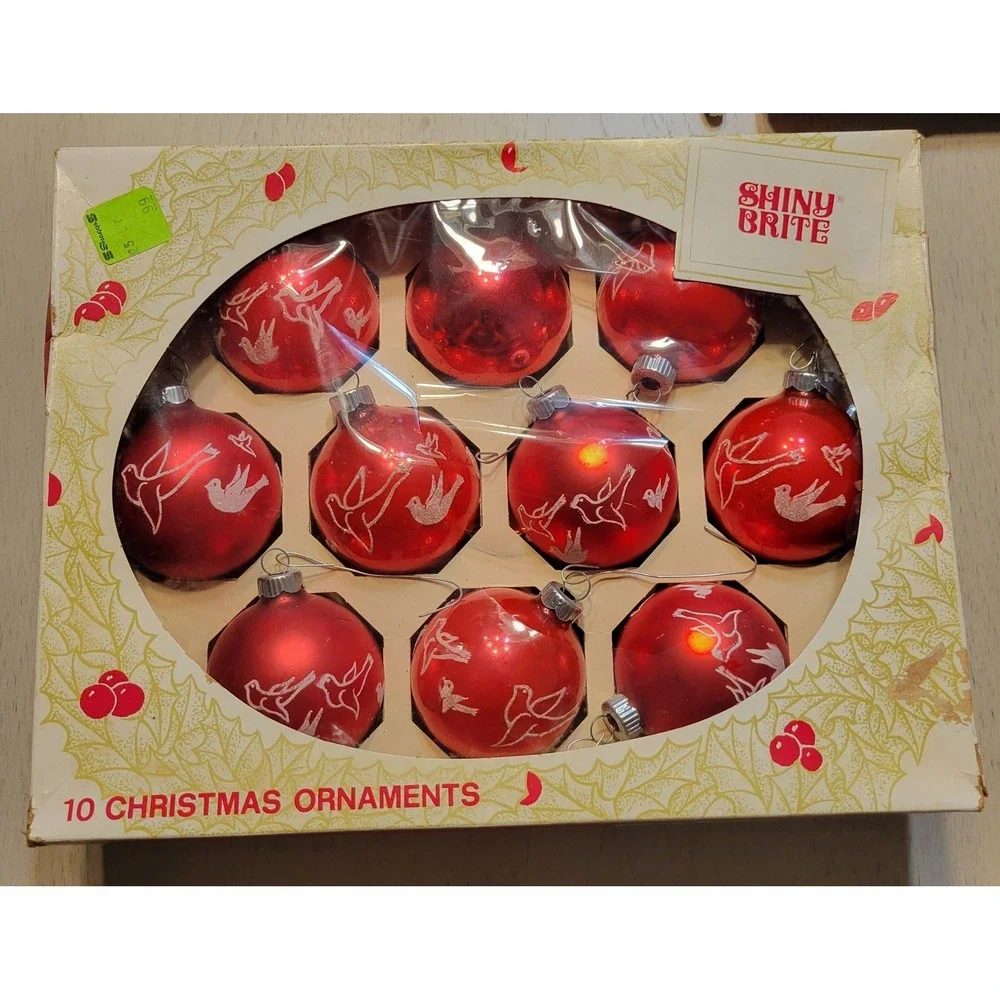 Vintage Christmas Red/White Doves Shiny Brite Bulbs With Box - Read
